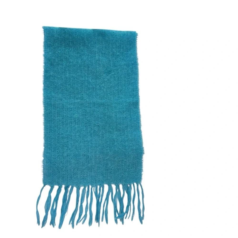 John Hanly Made in Ireland Bright Light Blue Artsy Knit Fringe Scarf Mohair Wool